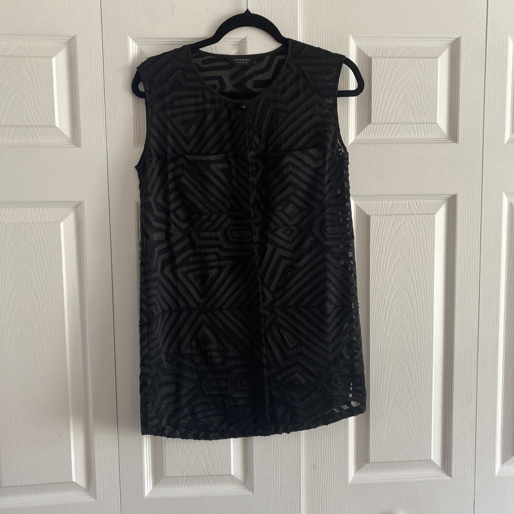 Eleven Paris Geometric Sheer Sleeveless Blouse Womens Size 34 Black Applique Top
